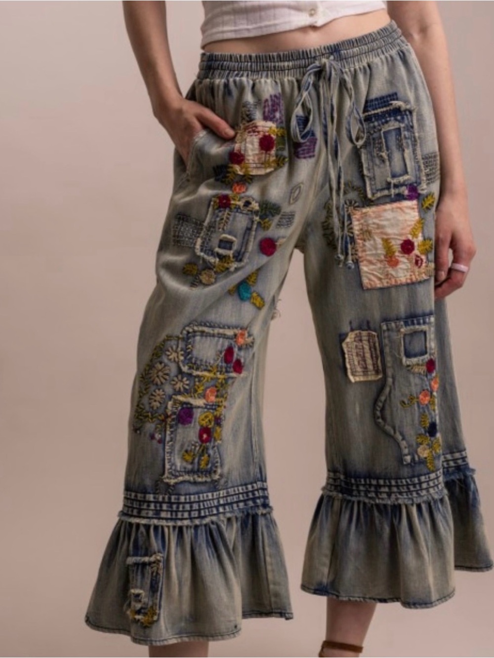 Blue Velvet Embroidered Ruffle-Hem Wide Leg Pants - Faded Blue